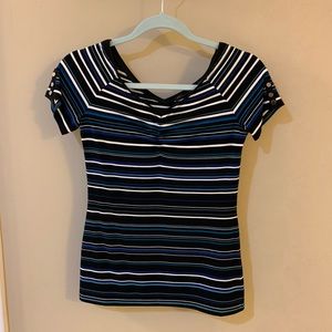 WHBM Striped Short Sleeve V-neck Top